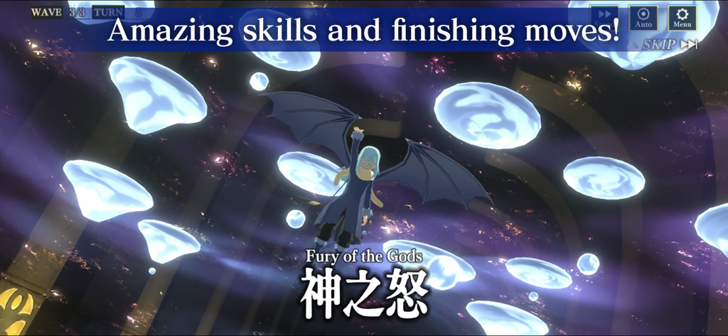 SLIME - ISEKAI Memories - Rimuru Tempest realizando el movimiento final Furia de los Dioses en una escena de batalla 3D.