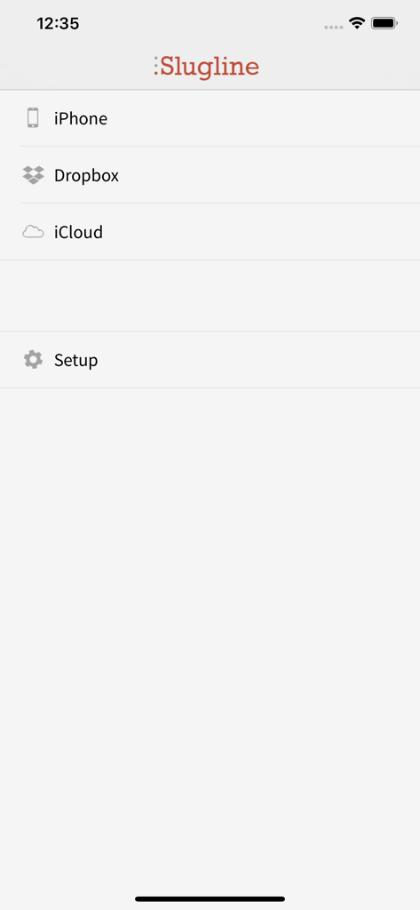 Slugline: Simply Screenwriting - Slugline app menu showing storage and sync options for iPhone iCloud and Dropbox