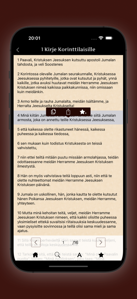 A reading screen from the Finnish Bible app displaying a scripture passage from 1 Corinthians with navigation controls