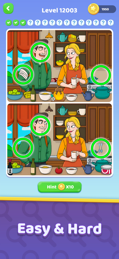 Una interfaz de juego de rompecabezas de "busca las diferencias" que muestra dos escenas de cocina de dibujos animados similares con las diferencias encontradas resaltadas en círculos verdes.