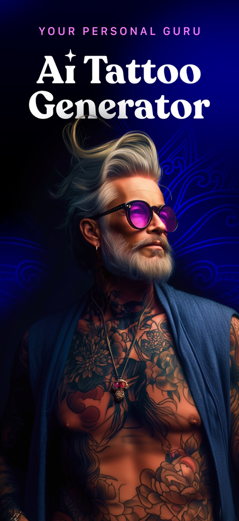 タトゥーを施した男性が登場するTattoo Guru AIアートジェネレーターのプロモーション画面