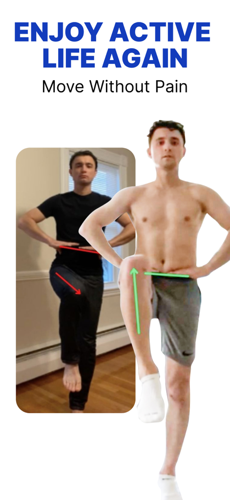 Postureletics Back Pain Relief - A visual comparison showing a man correcting his hip alignment during a posture assessment.