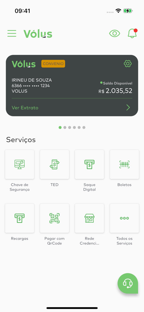 Vólus - Vólus app home screen displaying corporate card balance and available financial services