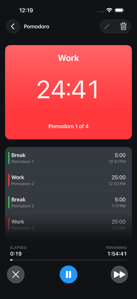 La interfaz de la aplicación Timer+ mostrando un temporizador de pasos múltiples Pomodoro con una cuenta atrás de sesión de trabajo y una lista de próximos intervalos de descanso.