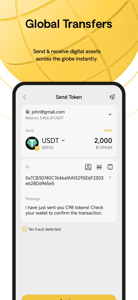 Interfaccia dell'app Coin98 che mostra un trasferimento globale di criptovalute di 2000 USDT con un messaggio di sicurezza e l'input dell'indirizzo del wallet.