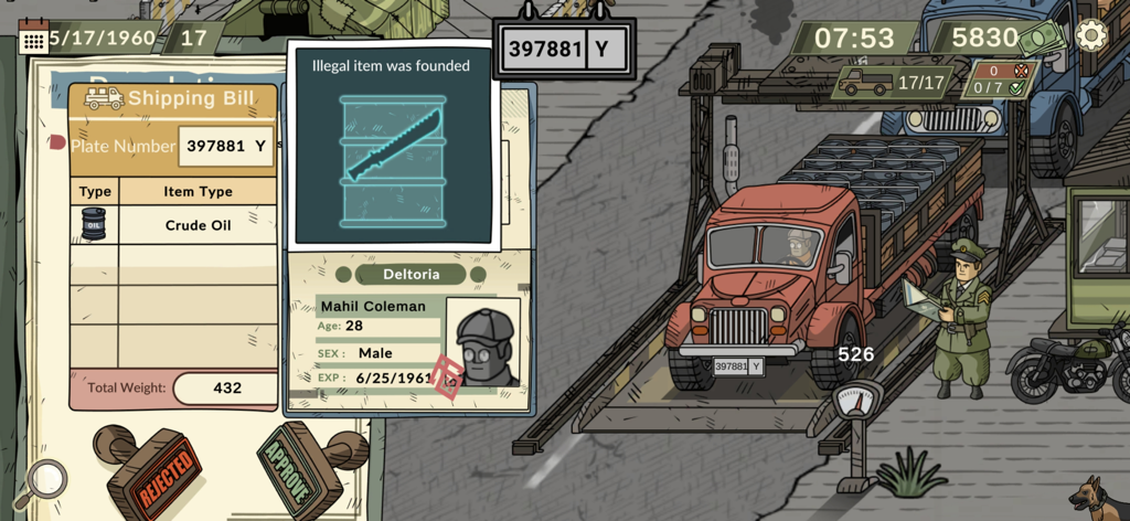 A border patrol inspection in Black Border 2 showing an X-ray scan that reveals a hidden knife inside a barrel.