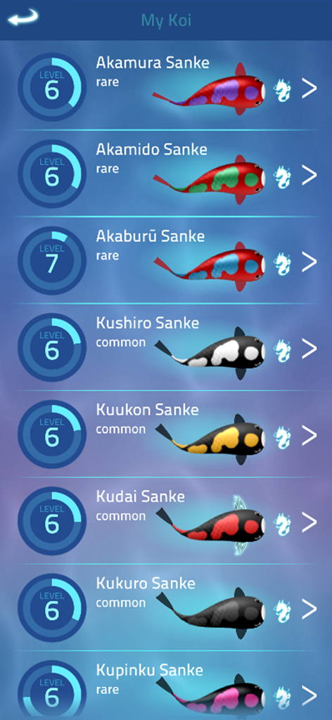 Uma lista de peixes carpa coletados no menu Meu Koi, mostrando diferentes padrões e níveis