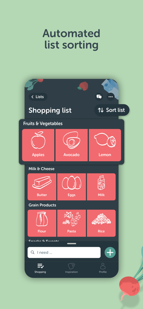 Función de ordenación automática de listas en la app de compra Bring que muestra artículos de comida categorizados en fichas