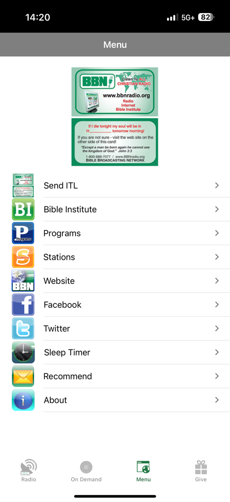 Main menu of the BBN Christian Radio app featuring links to Bible Institute Programs and social media