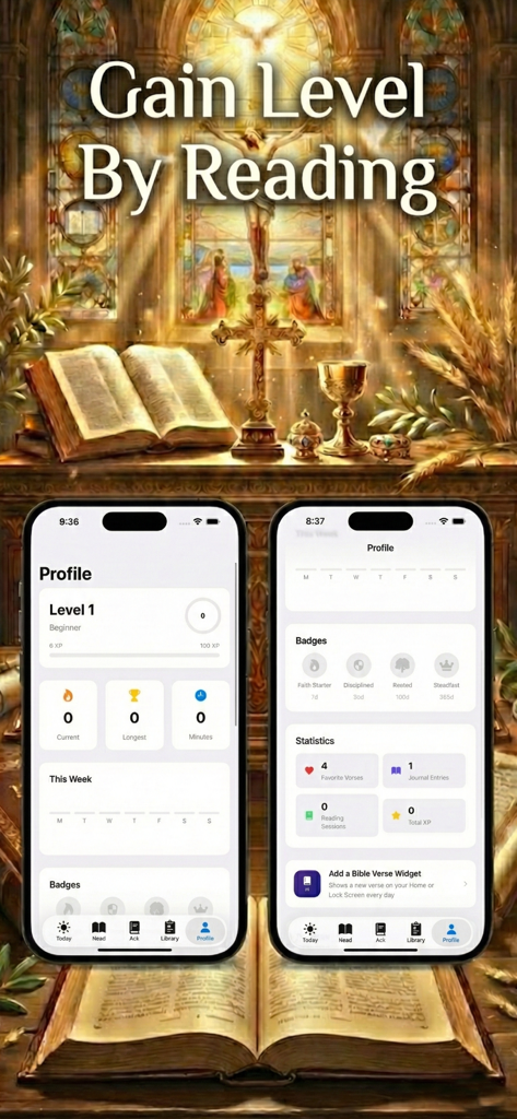 Bible Widget: Verses & AI Chat - Pantalla de perfil de la aplicación Biblia Widget que muestra insignias de niveles de lectura y estadísticas de progreso espiritual