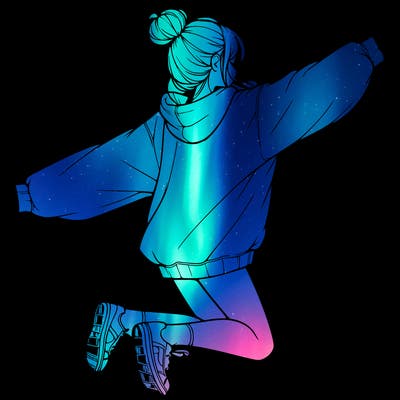 realistic girl jumping with a bun and oversized sweatshirt