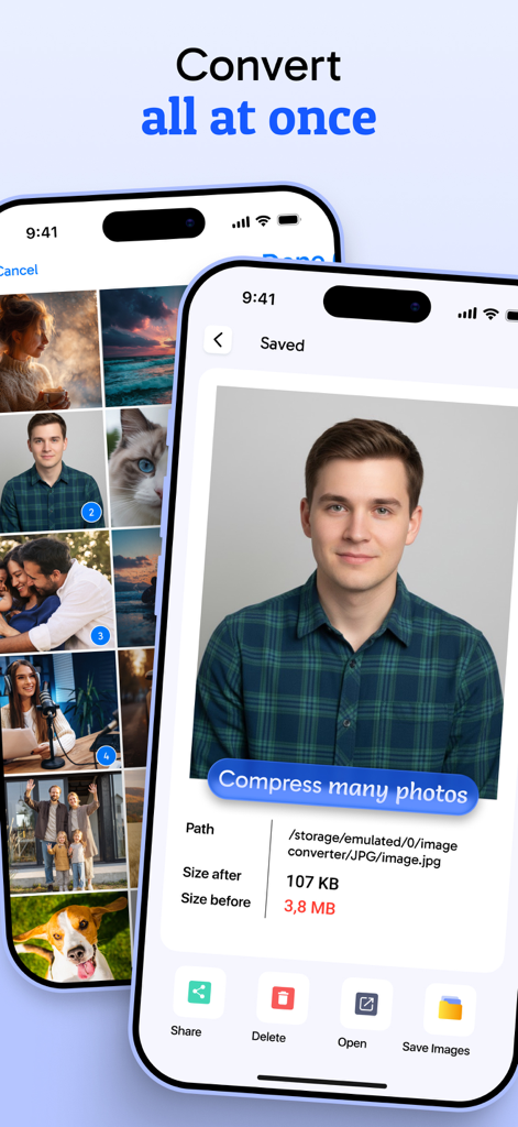 JPG画像変換アプリのインターフェースで、写真の一括変換と圧縮の詳細が表示されている