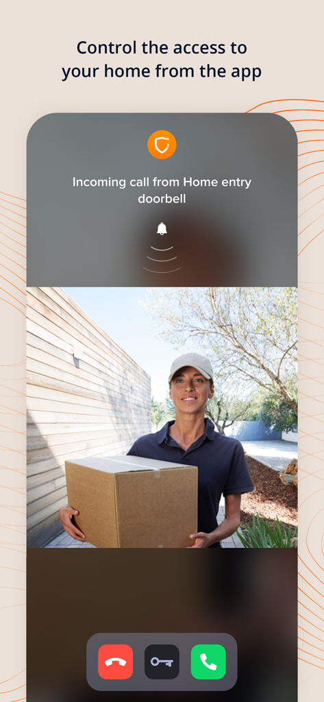 Home and Security App-Bildschirm mit Live-Videoanruf von einer intelligenten Türklingel mit einem Zusteller, der ein Paket hält