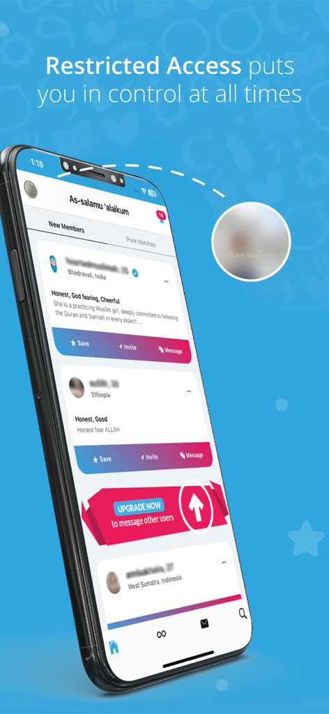 Pure Matrimony app interface showing restricted access with blurred profile pictures for user privacy and control.
