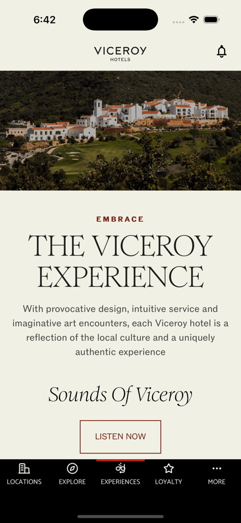Viceroy Hotels - 멋진 럭셔리 휴양지 전망과 브랜드 경험 메시지를 특징으로 하는 Viceroy Hotels 앱 홈 화면