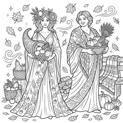 Celebrate the richness of the season with this enchanting coloring page featuring allegorical figures personifying autumn's bounty. Immerse yourself in a scene filled with harvest elements and falling leaves, perfect for a cozy coloring experience.