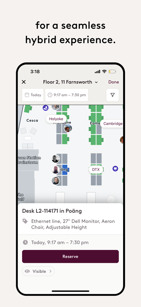 Interactive office floor plan in the Robin app showing desk availability and coworker locations for reservation.