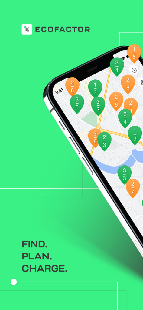 ECOFACTOR EV Charging - Smartphone displaying the ECOFACTOR EV Charging app map with available charging station pins