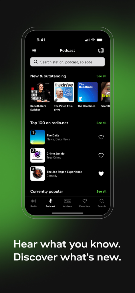 radio.net - AM FM Radio Tuner - Smartphone screen displaying the podcast section of the radio.net app with popular shows