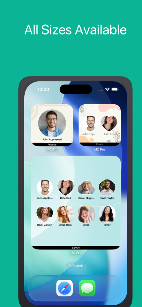 Magic Contact Widgets Pro - Widgets de contacto personalizables en varios tamaños en la pantalla de inicio de un iPhone.