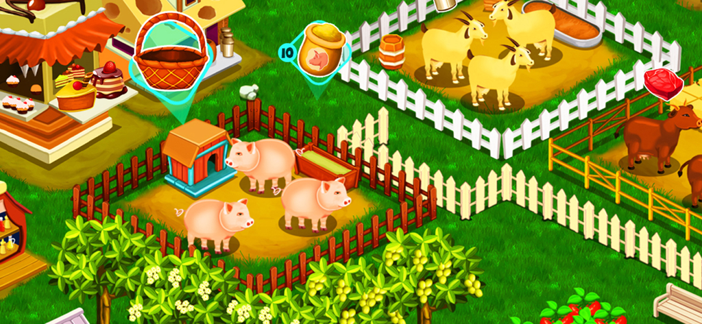 Farm City - A gameplay screenshot of Farm City featuring pigs, goats, and a bakery on a vibrant green farm.