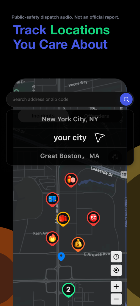 CrimeRadar app map interface showing local incident icons for public safety monitoring