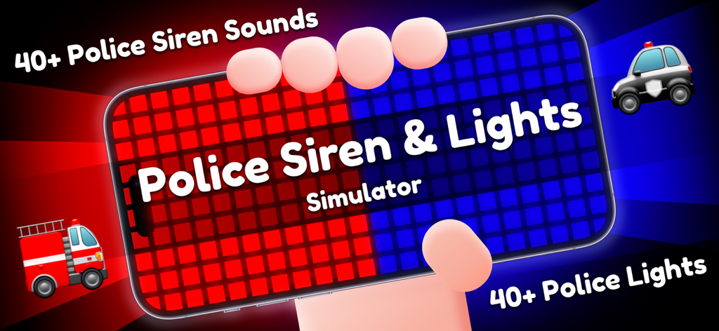 Police Lights & Police Siren - A hand holding a smartphone displaying a red and blue flashing police light simulator with text promoting siren sounds and lights.