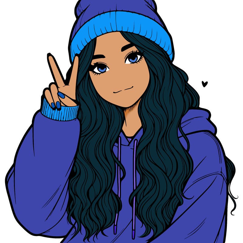 a teenage girl in a beanie, oversized sweatshirt, wavy long hair, and is showing a ✌️