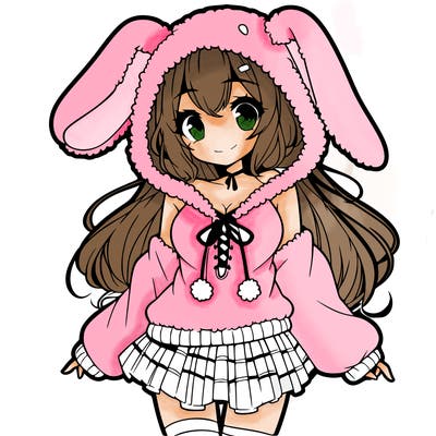 pretty anime girl wearing a fluffy hoodie with bunny ears on the hood and a skirt