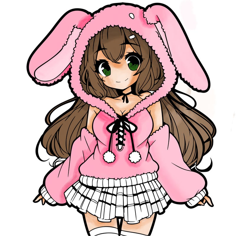 pretty anime girl wearing a fluffy hoodie with bunny ears on the hood and a skirt