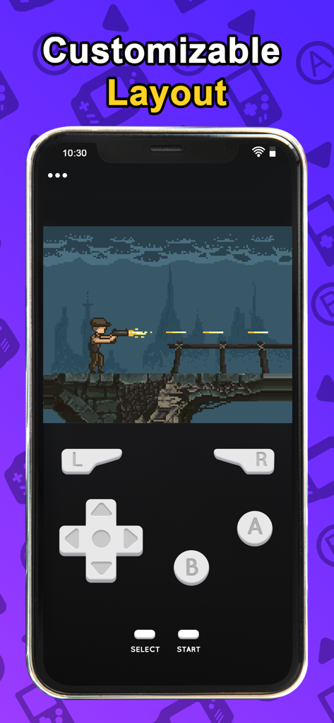 Delplay GBA emulator - An iPhone displaying the Delplay GBA emulator interface with customizable virtual game controls and a side-scrolling pixel art game.