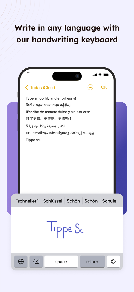 Handwriting Keyboard ™ - Handwriting Keyboard app interface demonstrating handwriting recognition for multiple languages and predictive word suggestions on a smartphone.