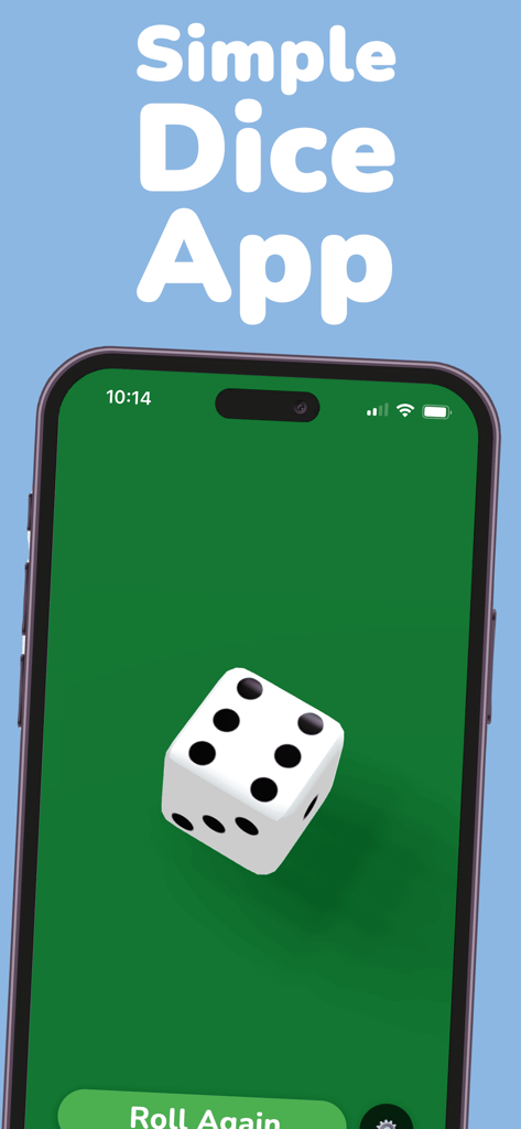 Dice Roller Simple app interface showing a single white die on a green background with a roll again button