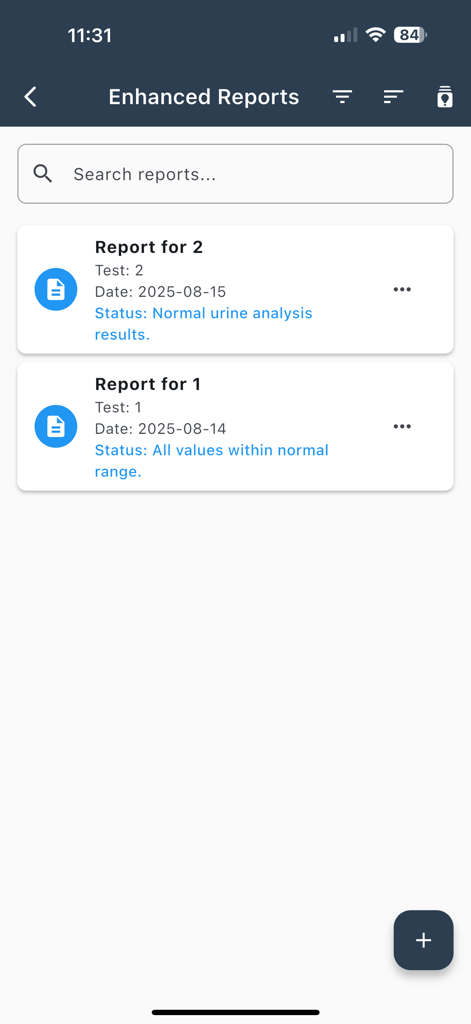 Écran de gestion des rapports de laboratoire médical montrant une liste de résultats de tests patients et une barre de recherche.