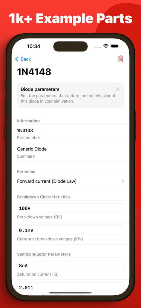 Breadpad - SPICE Simulator - Interface of Breadpad app displaying technical parameters for a 1N4148 diode