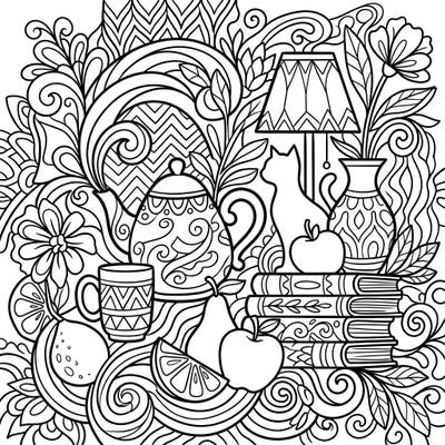 Unwind with this beautifully detailed abstract still life coloring page, brimming with delightful everyday objects and intricate patterns. It's a perfect canvas to express your creativity and find a moment of peace.