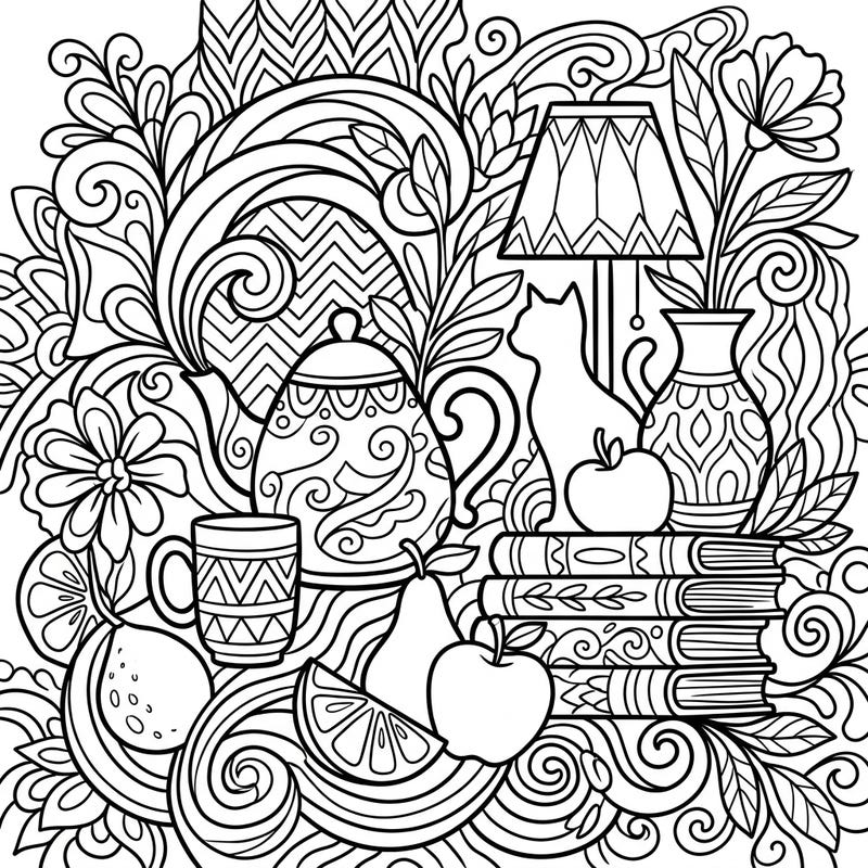 Unwind with this beautifully detailed abstract still life coloring page, brimming with delightful everyday objects and intricate patterns. It's a perfect canvas to express your creativity and find a moment of peace.