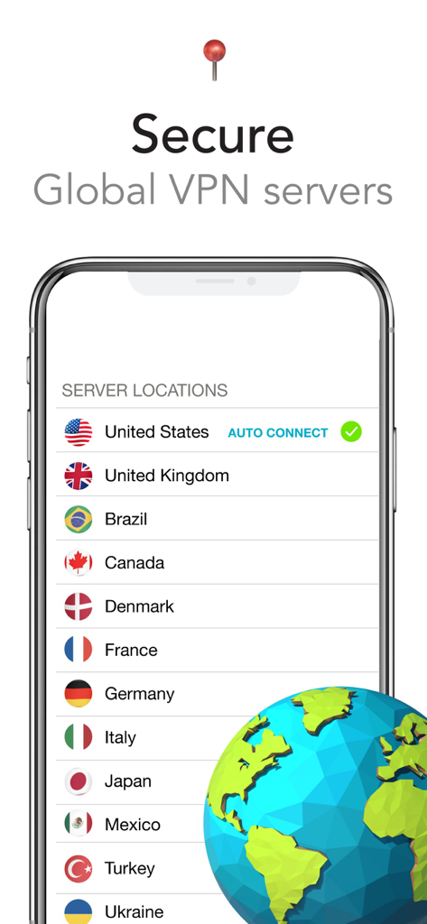 Smartphone screen showing a list of global VPN server locations including the United States and United Kingdom