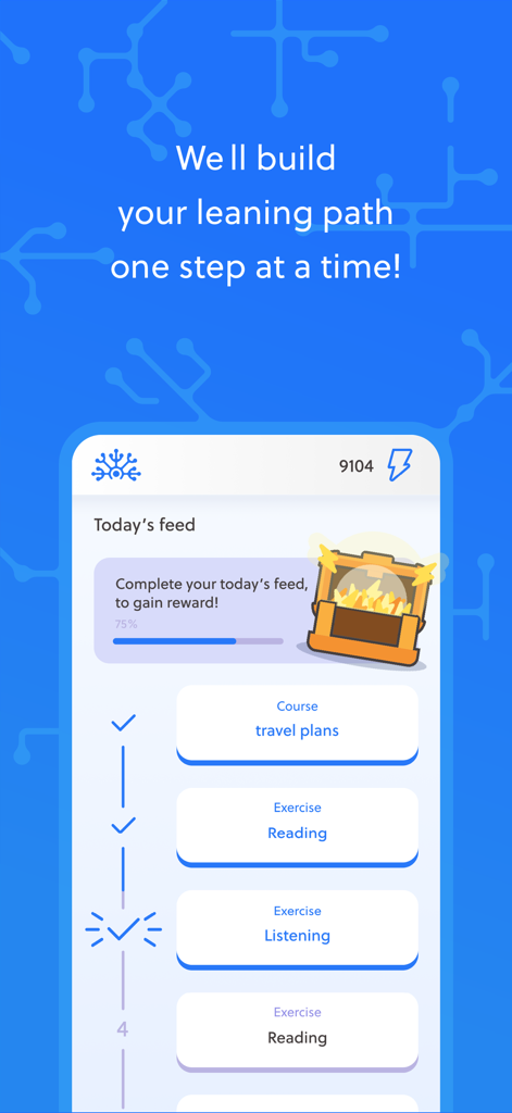 Inferciaアプリのデイリーフィードのスクリーンショット。リーディングとリスニングのタスクを含むパーソナライズされた英語学習パスが表示されています。