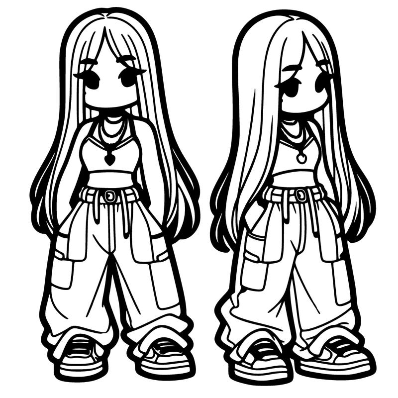 girl in baggy pants crop top and long hair