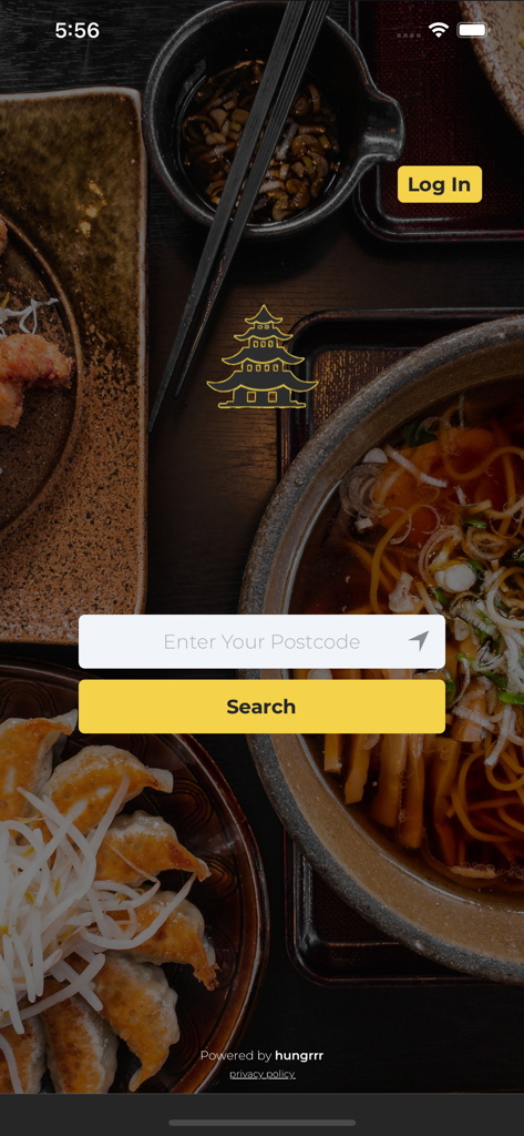 New Hong Kong Montrose app home screen with postcode search for Chinese food delivery