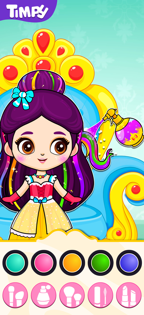 Una principessa in cartone animato che riceve una trasformazione di capelli colorata in un gioco di salone per la scuola materna per bambine.