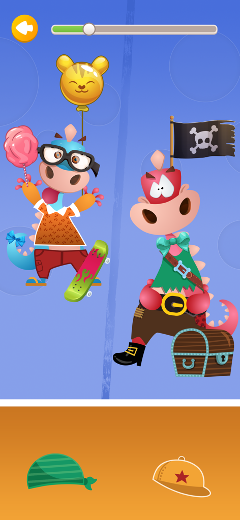 A dinosaur dress-up game for kids featuring a small dinosaur in casual clothes and a larger dinosaur in a pirate costume.