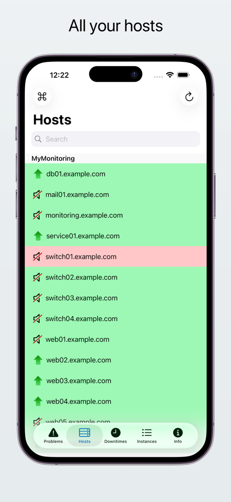 easyNag Monitoring - Screenshot of the easyNag Monitoring app showing a list of server hosts with green and red status indicators