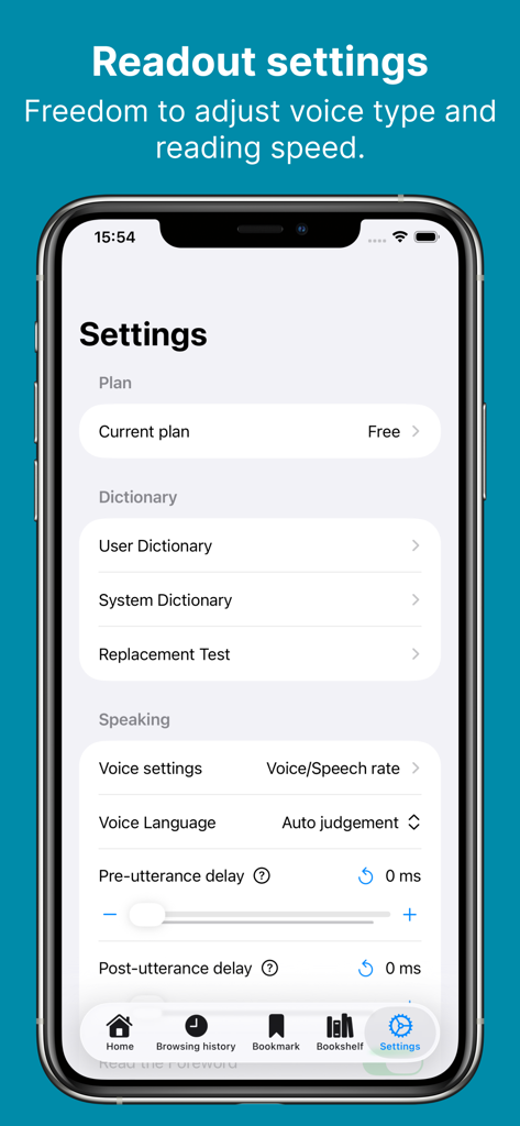 NovelVoice - Novels read aloud - Menu de configurações do app NovelVoice mostrando personalização de voz e ajustes de velocidade de fala