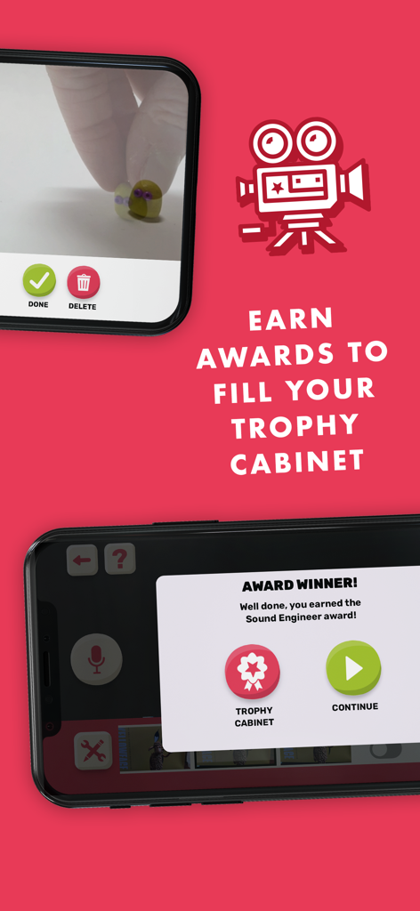 Aardman Animator - Captura de pantalla de la aplicación móvil Aardman Animator mostrando el sistema de trofeos y premios desbloqueables para animación stop-motion.