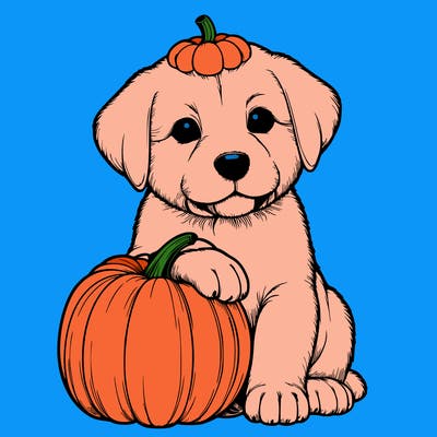 a realistic puppywith a pumpkin on his head