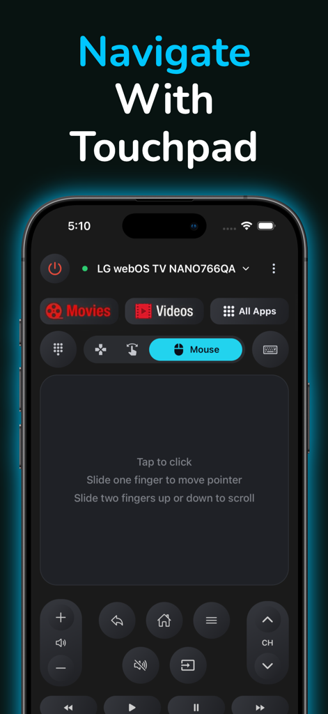 Smartphone screen showing the touchpad navigation feature of the Any TV Remote Control app for Smart TVs