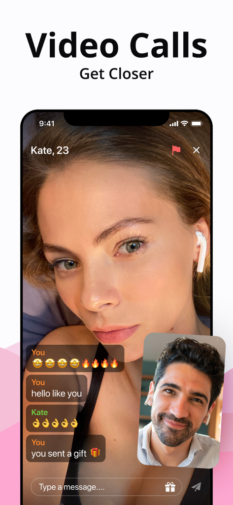 Video Chat Live - Video Line - Uma captura de tela de aplicativo móvel mostrando uma interface de videochamada ao vivo com duas pessoas conversando e usando emojis