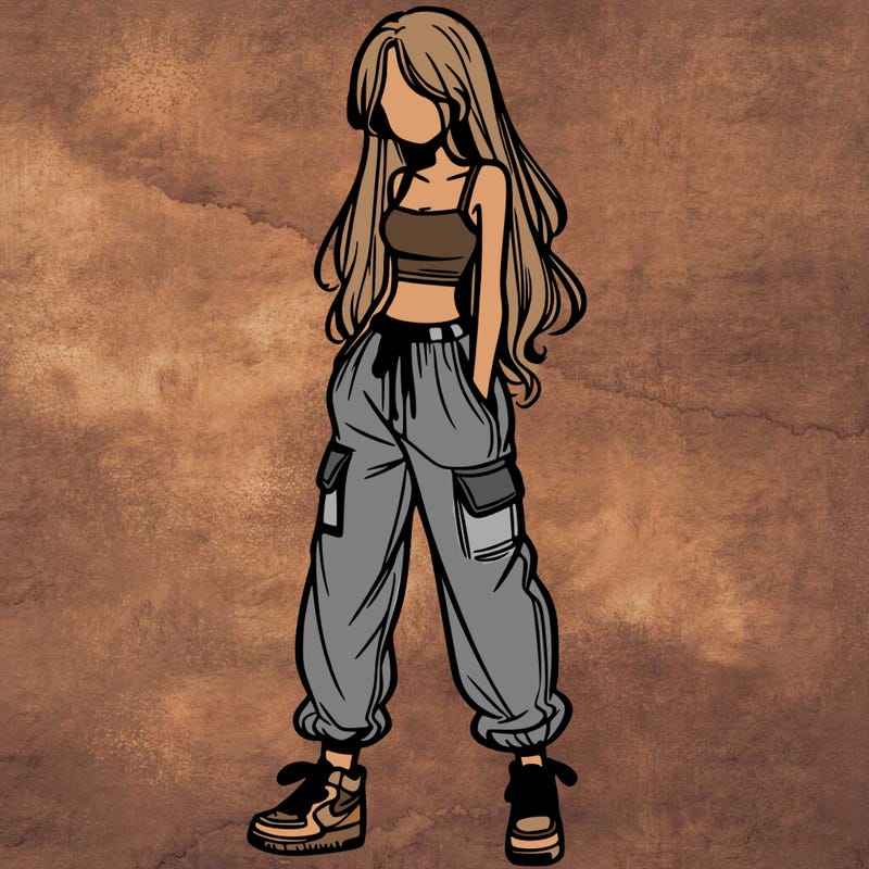 girl in baggy pants crop top and long hair